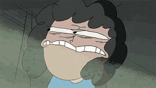 a cartoon character making a funny face with a smokey background