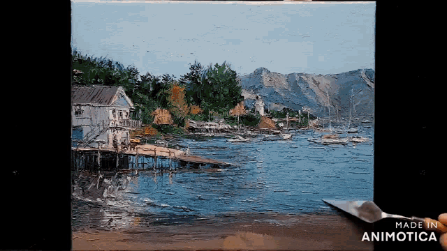 a painting of a body of water with boats and mountains is made in animatica