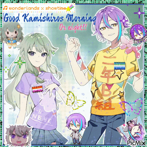 a couple of anime characters standing next to each other with the words good kamishiros morning on right