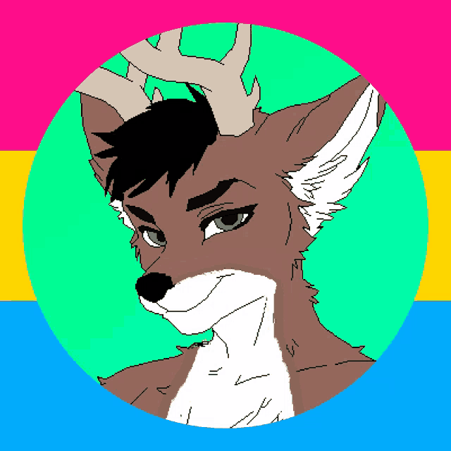 a drawing of a deer with antlers in a circle with a pansexual flag in the background