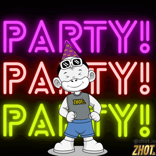a cartoon character stands in front of a neon sign that says party