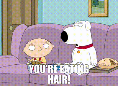 a cartoon of a boy and a dog sitting on a couch with the words " you 're eating hair "