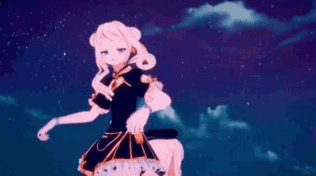 a 3d anime girl is standing on a person 's shoulders in the night sky .