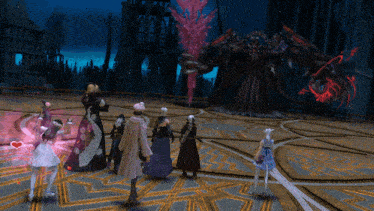 a group of people are standing in front of a large monster