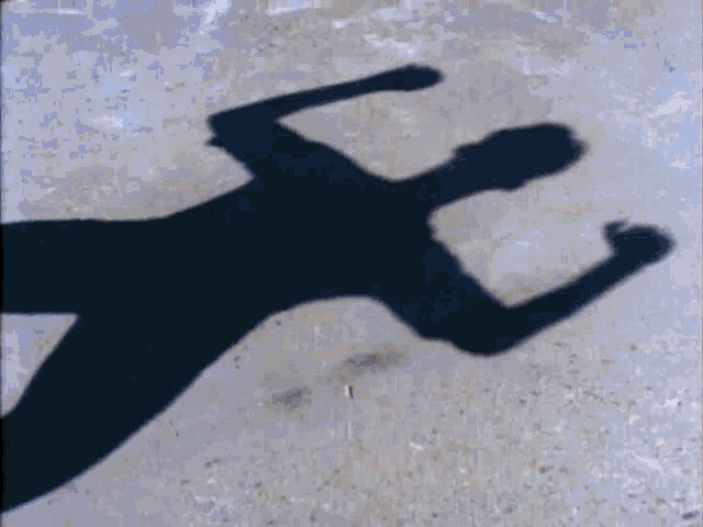 a shadow of a person running on a sandy beach .