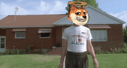 a man standing in front of a house with a doge face on his head
