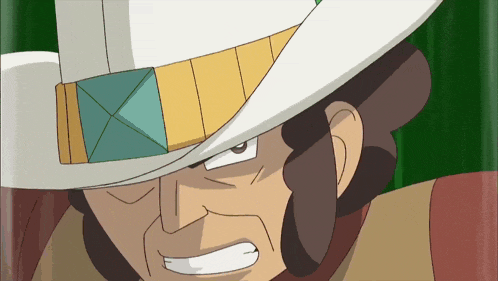 a cartoon character wearing a cowboy hat with a green triangle on it