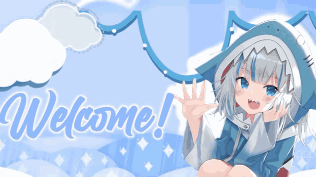 a girl in a shark costume is waving in front of the words welcome