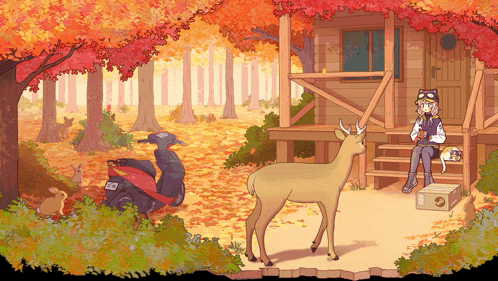 a girl sits on the porch of a cabin with a deer