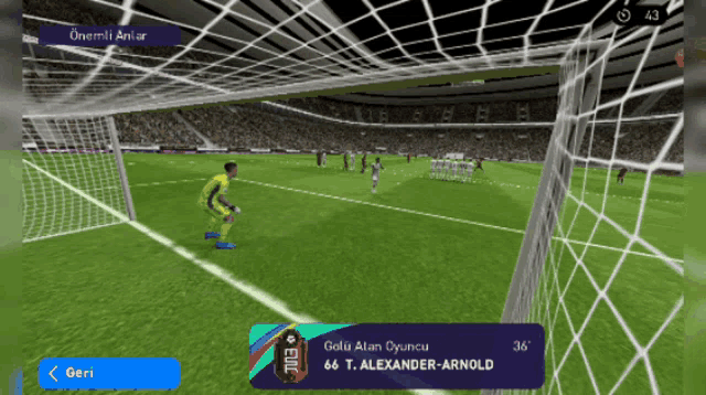 a screenshot of a soccer game with alexander arnold on the score board
