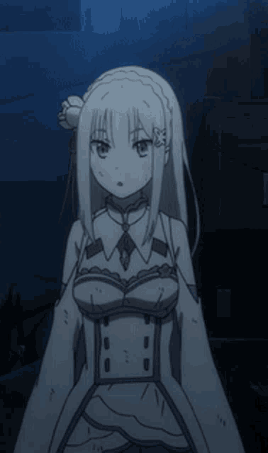 a girl with white hair is standing in a dark room with a blue background
