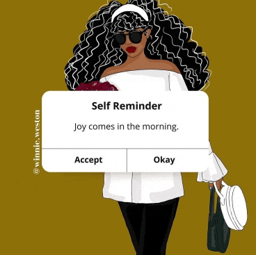 a woman with curly hair is holding a purse and a message that says " self reminder joy comes in the morning "