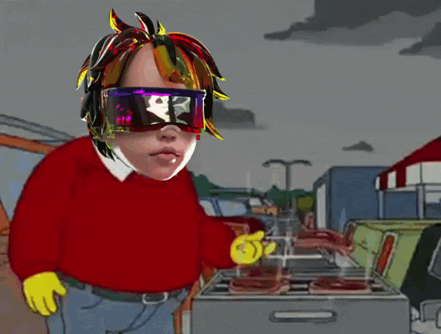 a cartoon drawing of a boy wearing goggles