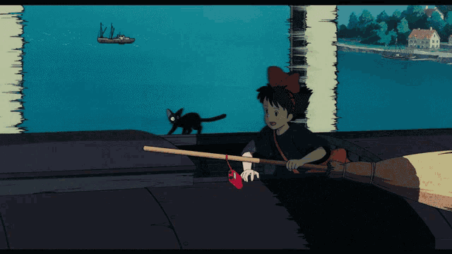 a cartoon of a girl on a broom and a cat