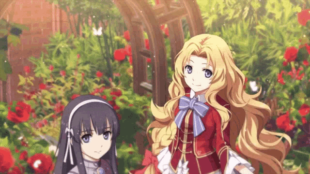 two anime girls are standing next to each other in a garden of red flowers
