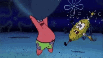 patrick star and spongebob squarepants are dancing together in the ocean .