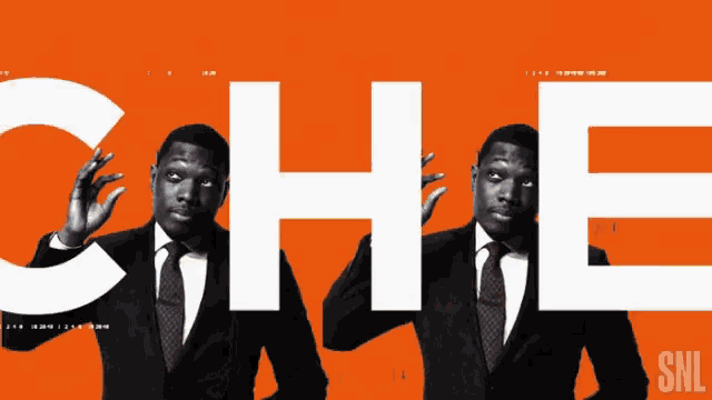 a man in a suit and tie is standing in front of the letters che and snl