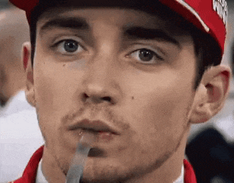 a close up of a man wearing a red hat with a straw in his mouth .