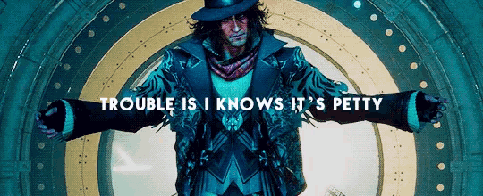 a man in a hat is standing in front of a circle with the words trouble is i knows it 's petty