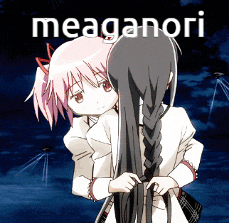 a girl with long hair is hugging another girl with shorter hair and the word meaganori is on the bottom