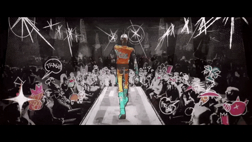 a drawing of a person walking down a runway with trash written on the wall