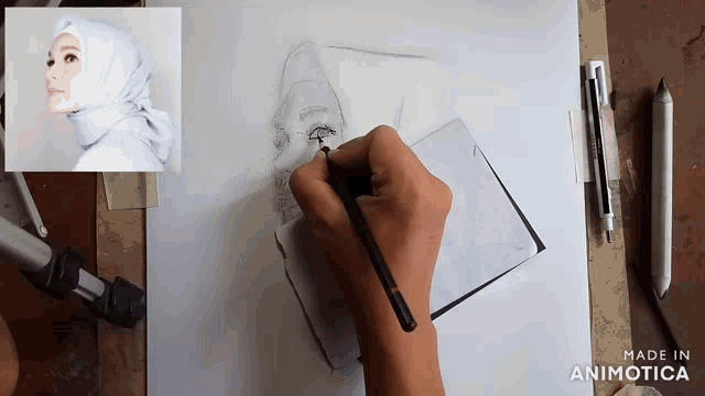 a person is drawing a picture of a woman with a hijab