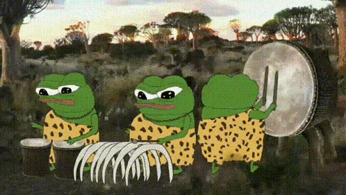 a group of green frogs are playing drums in a field .