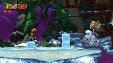 a video game scene with a purple background and hearts on the bottom