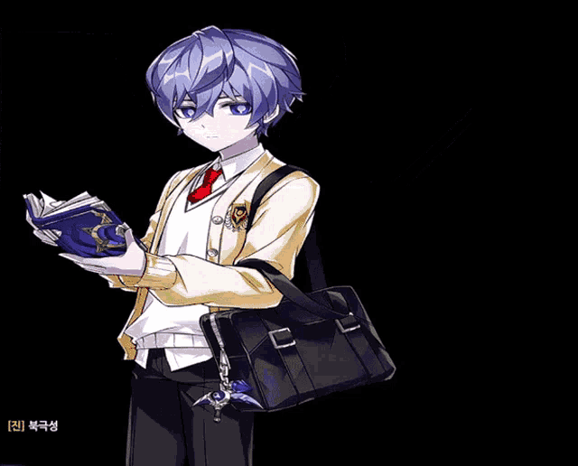 a boy with blue hair is holding a book and a bag