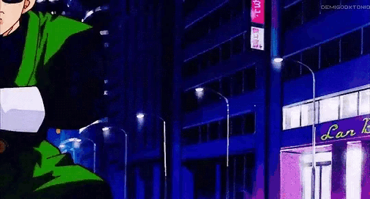 a cartoon character wearing sunglasses and a green jacket is running down a street