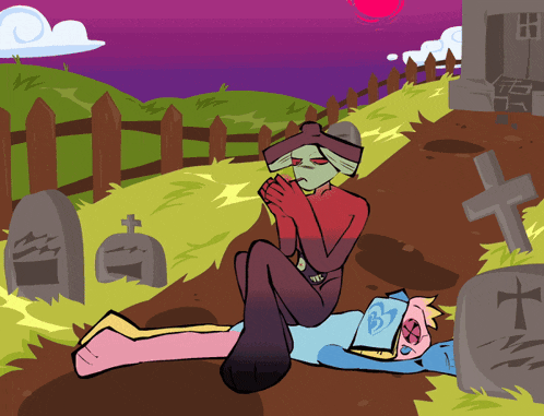 a cartoon drawing of a couple in a cemetery with a cross in the foreground