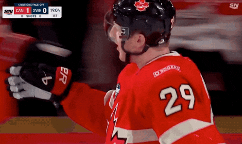 a hockey player with the number 29 on his shirt
