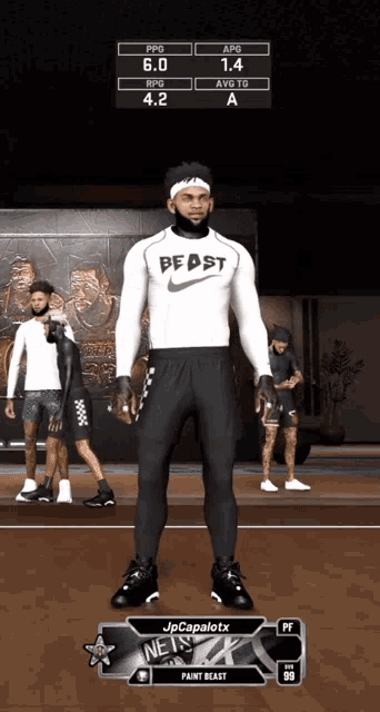 a man wearing a nike beast shirt stands on a court