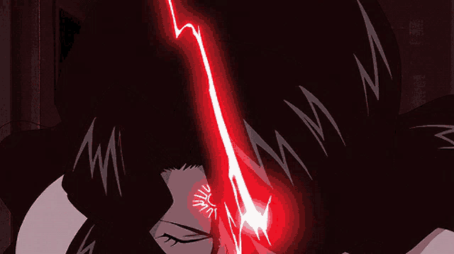 a red lightning bolt strikes a person 's face