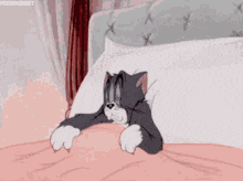 a cartoon cat is laying on a bed with his head on a pillow
