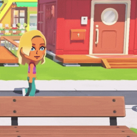 a cartoon character standing next to a wooden bench in front of a red house