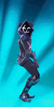 a person with a face on their head is standing on a blue background