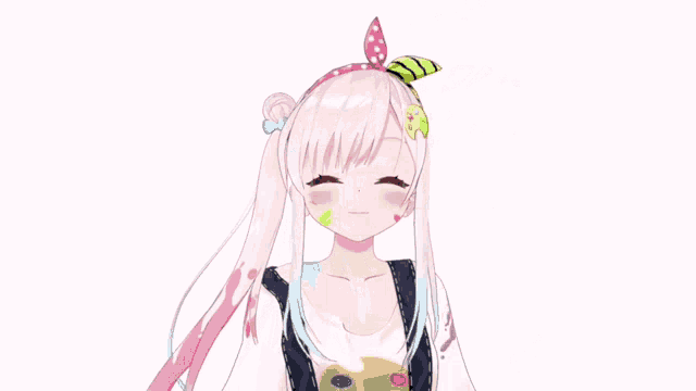 a girl with pink hair and a watermelon headband
