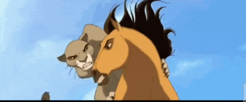 a horse and a cat are fighting each other in a cartoon .