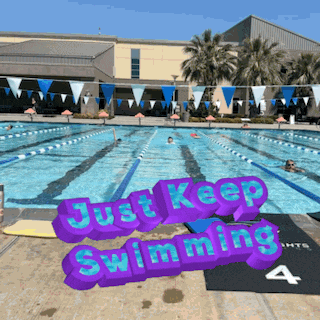 a picture of a swimming pool with the words just keep swimming above it