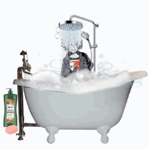 a person is taking a bath in a bathtub next to a soap bottle