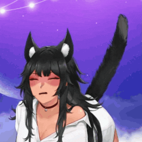 a girl with cat ears and a tail is standing in front of a purple sky