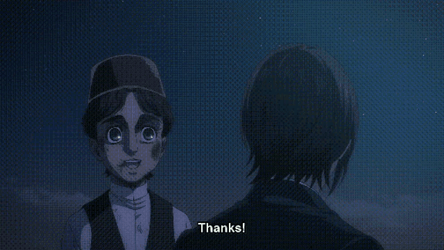 a man in a hat is talking to another man in a suit and the man in the suit says thanks