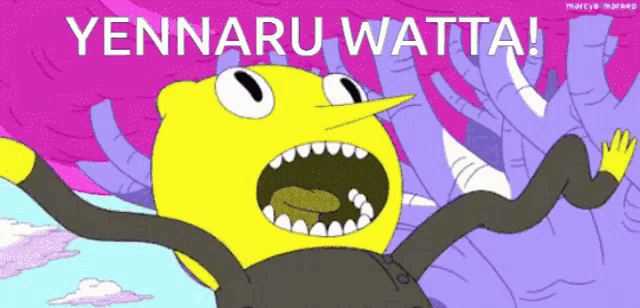 a cartoon character with the words yennaru watta written on the bottom
