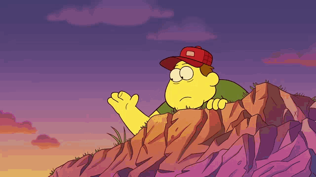 a cartoon character with a red hat is standing on top of a rocky hill