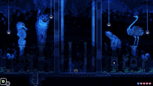 a pixel art of a seahorse frog and ostrich with a cross in the middle