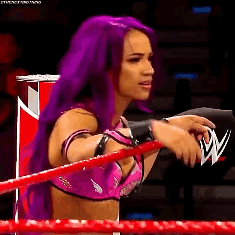 a female wrestler with purple hair is standing in a wrestling ring .