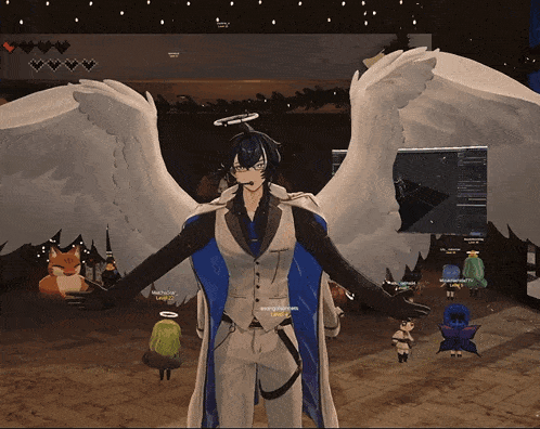 a man with angel wings is standing in front of a group of people including a fox and a butterfly