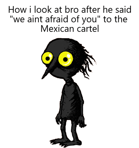 a cartoon of a black monster with yellow eyes and the words how i look at bro after he said