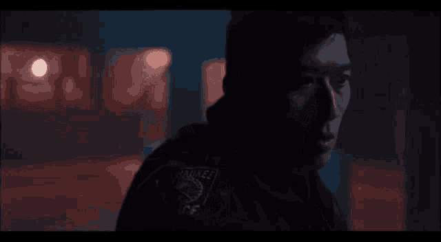 a man in a police uniform is standing in the dark in a dark room .